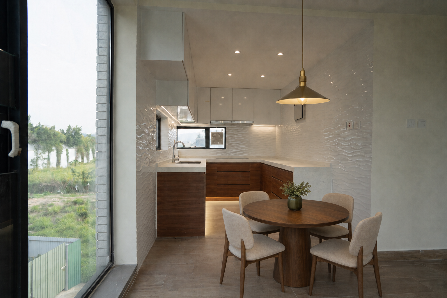 Virtually staged kitchen dining room with coffee station
