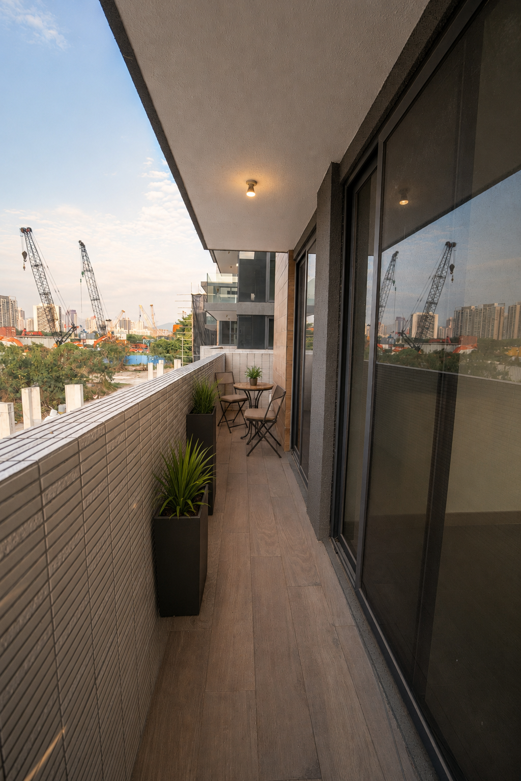 Virtually staged balcony with a compact bistro setting and planters