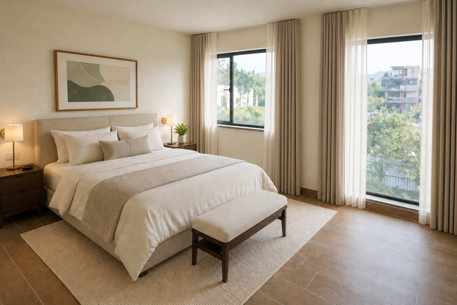 Virtually staged bedroom with two large windows and layered luxury curtains