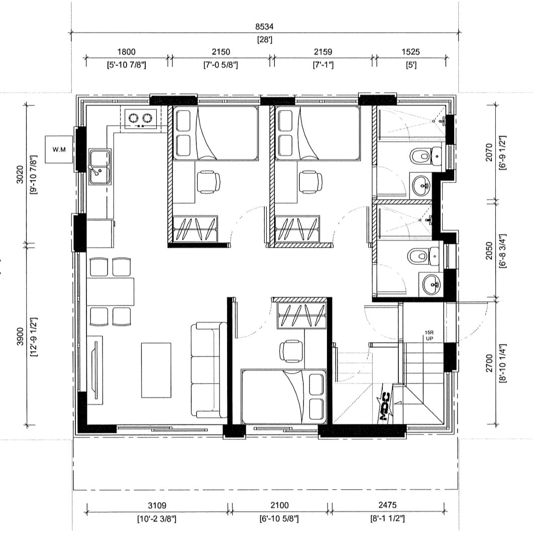 Three-bedroom floorplan with open living, dining and kitchen area