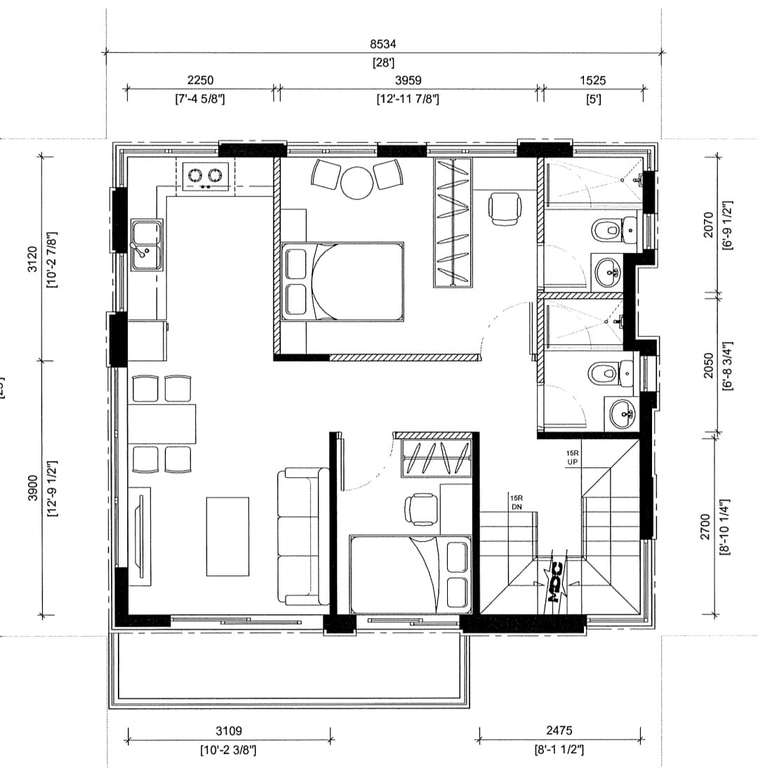 Two-bedroom floorplan with larger principal suite and open living area