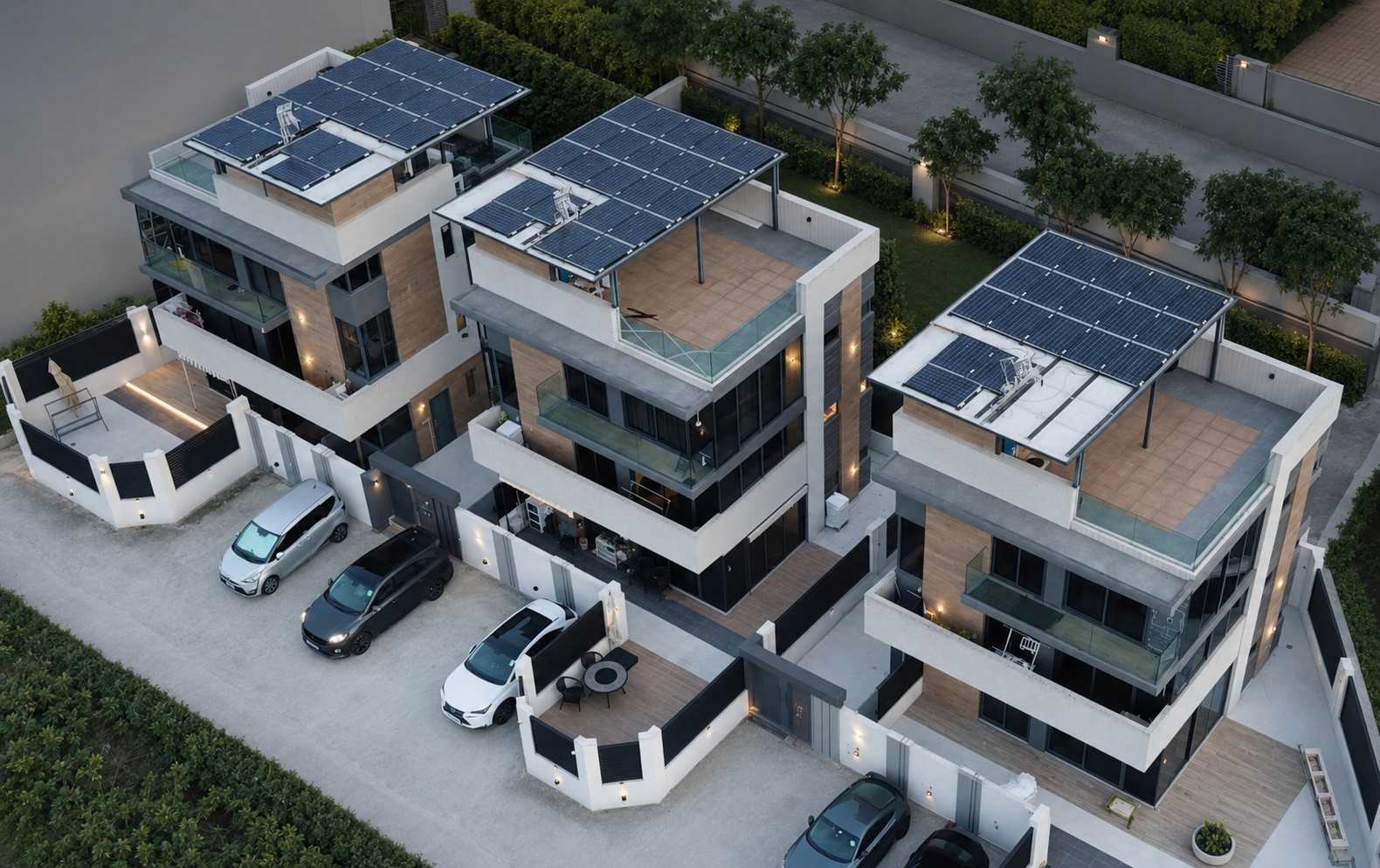 Enhanced aerial presentation of four completed modern village houses with rooftop terraces, solar panels and landscaped surroundings