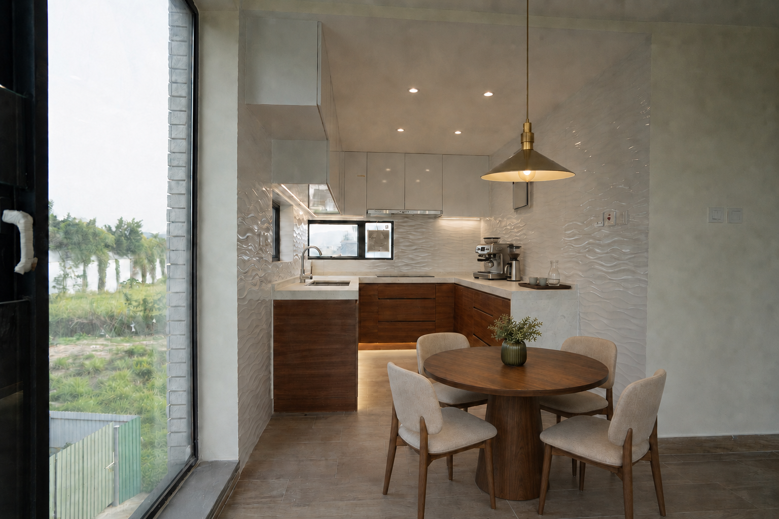 Virtually staged dining area beside the completed kitchen with premium coffee accessories