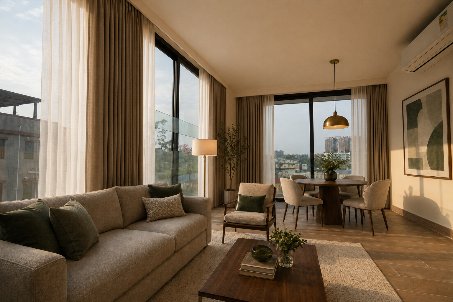 Virtually staged living and dining room with corner glazing and layered luxury curtains