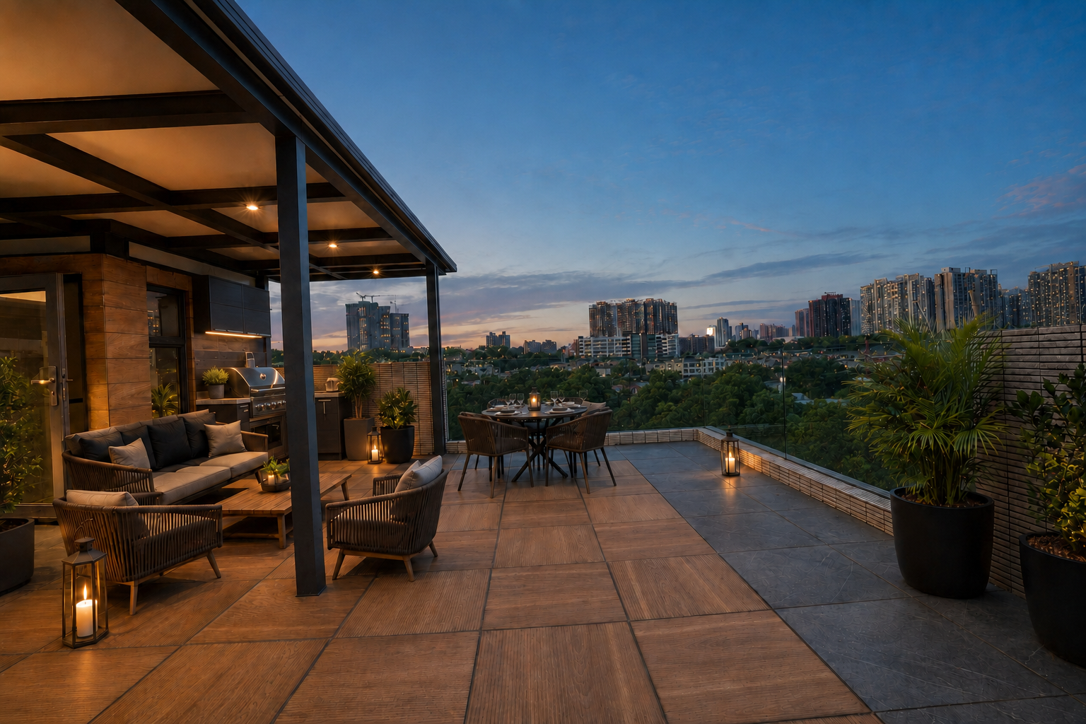 Virtually staged rooftop terrace with outdoor furniture, barbecue area and planting at blue hour