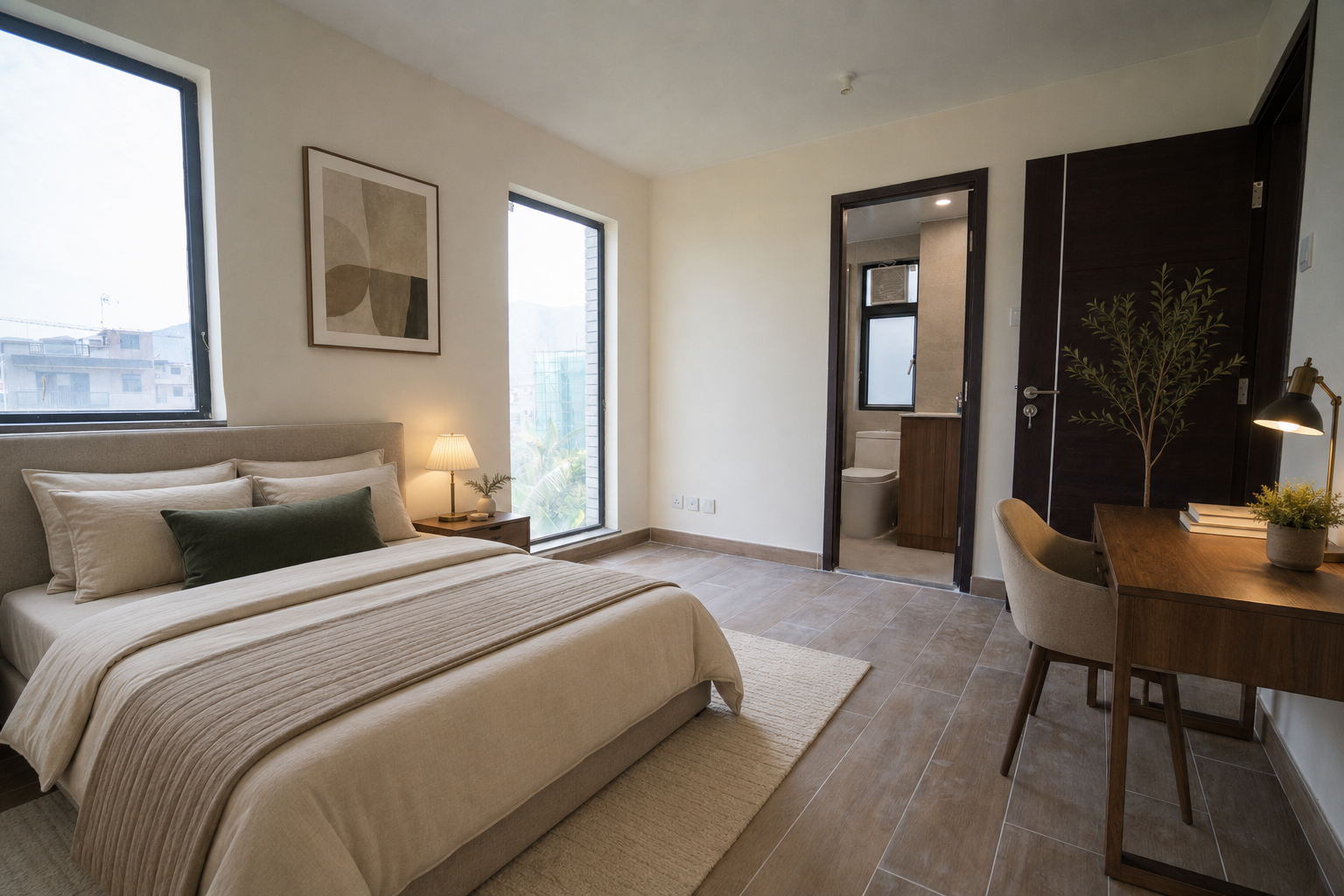 Virtually staged second bedroom with desk and ensuite access