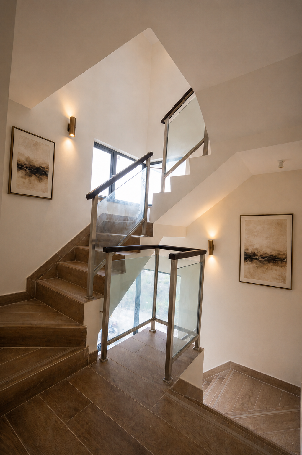 Enhanced interior staircase with glass balustrades, warm wall lighting and framed artwork